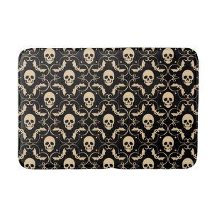 Alfombrilla De Baño Calaveras y Murciélagos de Halloween Negro y Crema