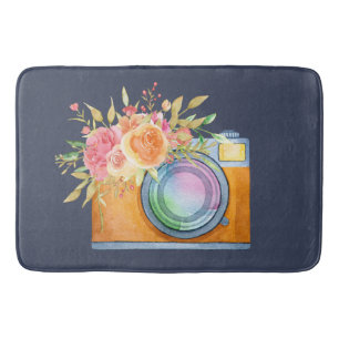 Alfombrilla De Baño Cámara Boho Naranja y acuarela con buquet floral