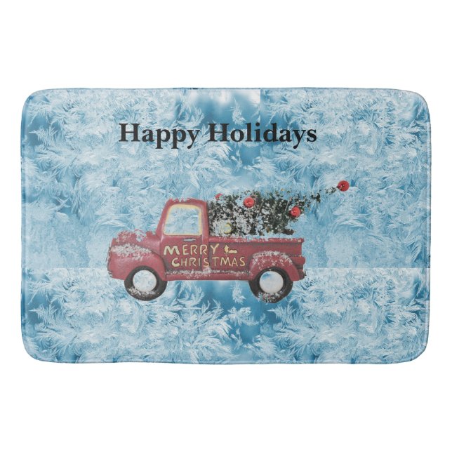 Alfombrilla De Baño camión de cosecha roja sobre fondo de copo de niev (Anverso)