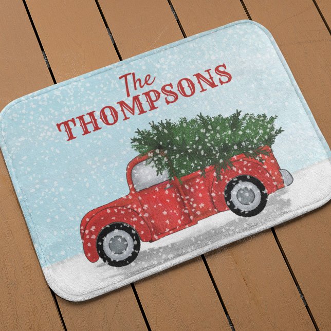 Alfombrilla De Baño Camión Rojo Árbol de Navidad Personalizado (Christmas classic holiday red truck custom bath mat)