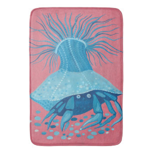 Alfombrilla De Baño Cangrejo ermitaño, costa submarina, animales azul 