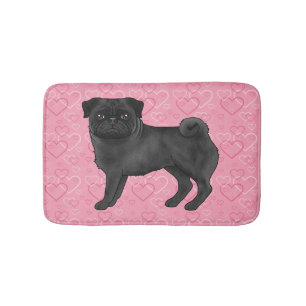 Alfombrilla De Baño Cartoon de Pug negro con patrón de corazón de amor