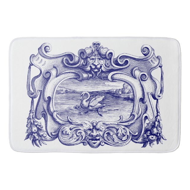 Alfombrilla De Baño Cartouche de pergamino azul y blanco con cisne (Anverso)