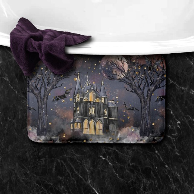 Alfombrilla De Baño Casa embrujada | Árbol y murciélagos de luna llena (Subido por el creador)