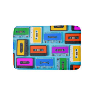 Alfombrilla De Baño Cassette retro: Colección de fondo azul