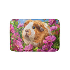 Alfombrilla De Baño Cerdo guineano entre flores rosadas