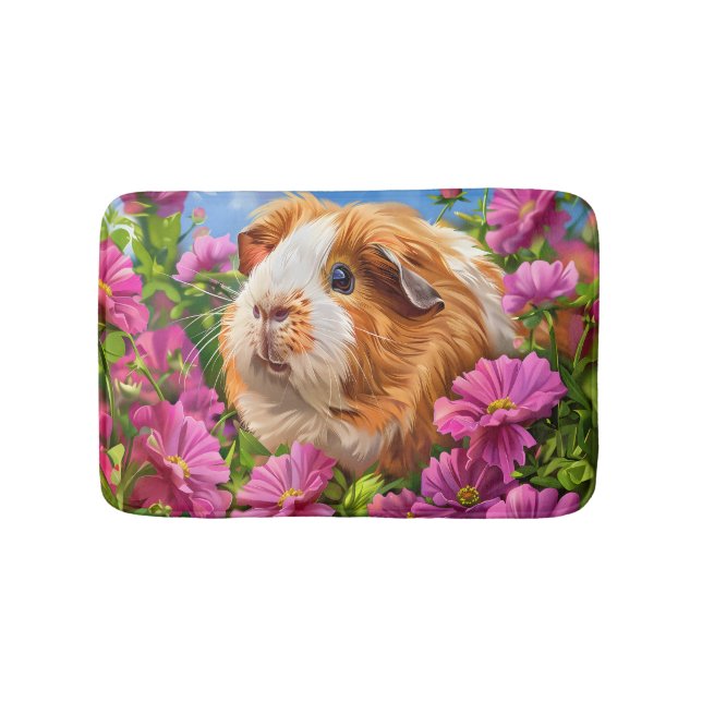 Alfombrilla De Baño Cerdo guineano entre flores rosadas (Anverso)