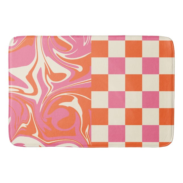 Alfombrilla De Baño Cheques y Swirls - rosa, Naranja y crema (Anverso)