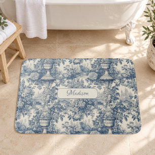 Alfombrilla De Baño Chic floral vintage Monograma azul toile de jouy