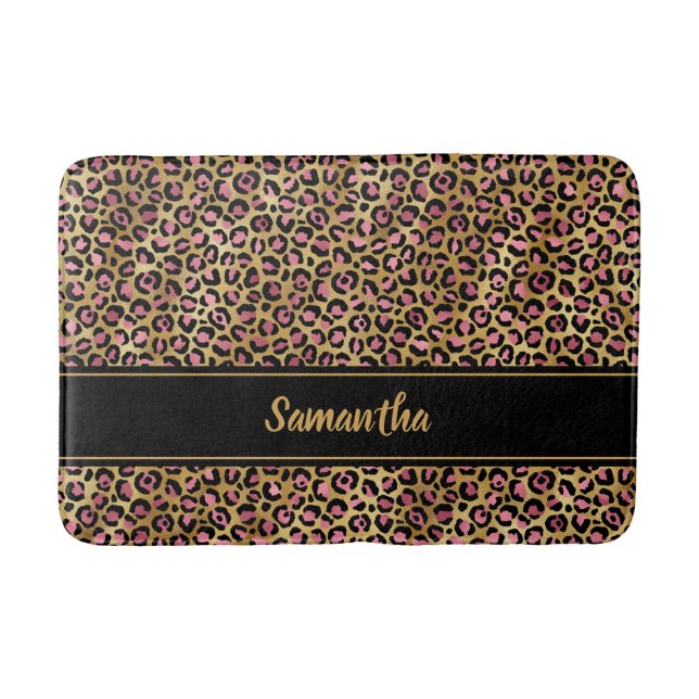 Alfombrilla De Baño Chic Negro Rosa Dorado Estampado Leopardo Personal (Anverso)