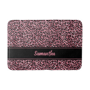Alfombrilla De Baño Chic Negro Rosa Estampado Leopardo Personalizado