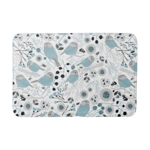 Alfombrilla De Baño Chickadees dulces y azul, negro lindos, y gris