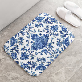 Alfombrilla De Baño Chinoisería Floral Azul Acuarela Blanca