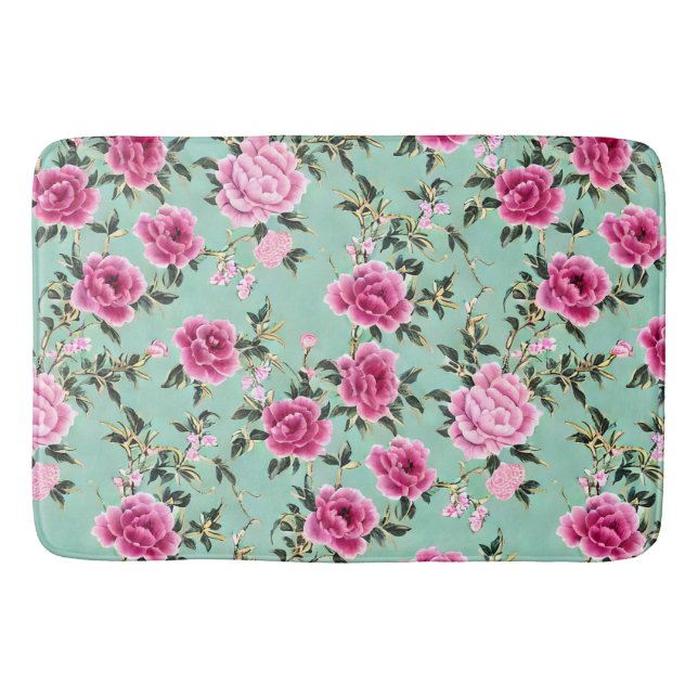 Alfombrilla De Baño Chinoiserie floral rosa y verde (Anverso)