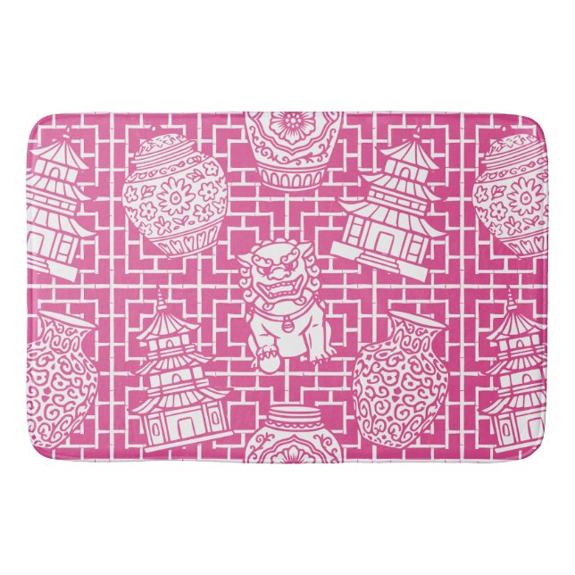 Alfombrilla De Baño Chinoiserie Pagoda – Hot Pink Preppy Asian Garden (Anverso)