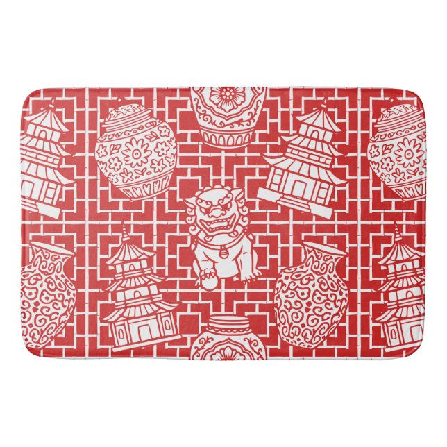 Alfombrilla De Baño Chinoiserie Pagoda – Red Preppy Asian Garden (Anverso)