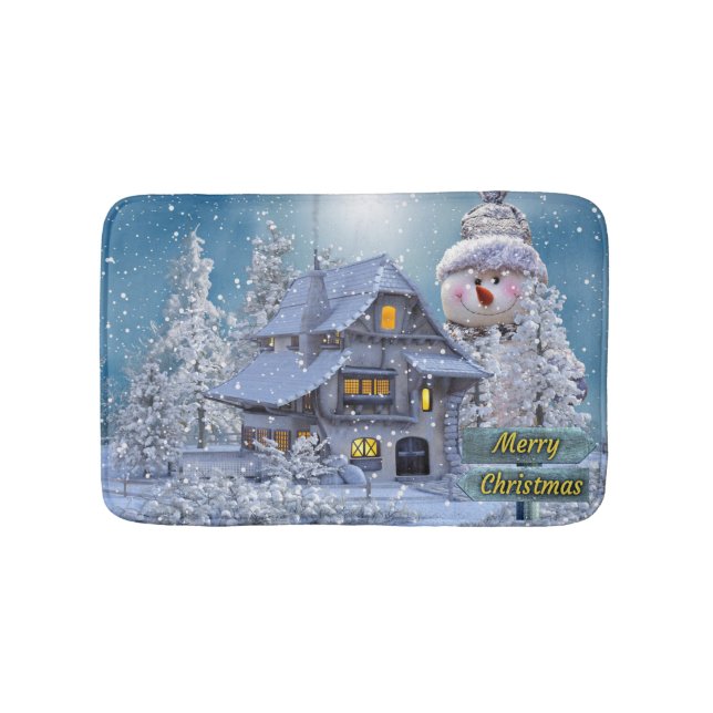 Alfombrilla De Baño Christmas Party Winter White Snowman Blue Rustic (Anverso)