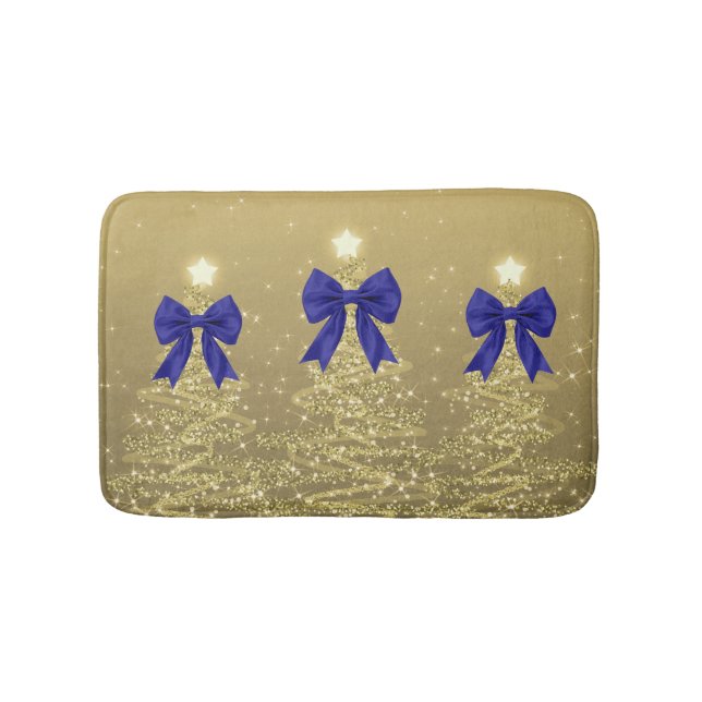 Alfombrilla De Baño Christmas Sparkling Trees Gold Faux Navy Bow  (Anverso)