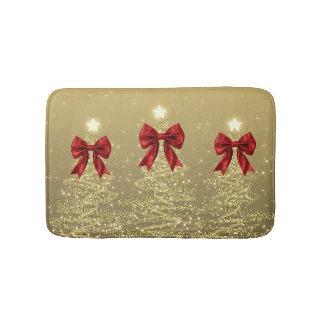 Alfombrilla De Baño Christmas Sparkling Trees Gold Faux Red Bow  (Anverso)