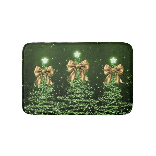 Alfombrilla De Baño Christmas Sparkling Trees Green Faux Gold Bow  (Anverso)