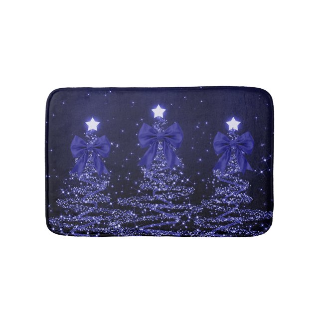 Alfombrilla De Baño Christmas Sparkling Trees Navy Blue Faux Bow  (Anverso)
