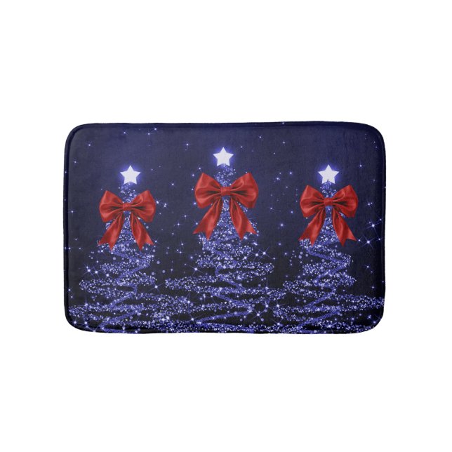 Alfombrilla De Baño Christmas Sparkling Trees Navy Blue Faux Red Bow  (Anverso)