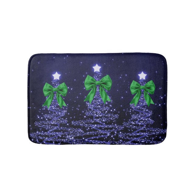 Alfombrilla De Baño Christmas Sparkling Trees Navy Blue Green Bow  (Anverso)