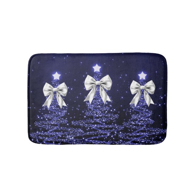Alfombrilla De Baño Christmas Sparkling Trees Navy Faux Silver Bow  (Anverso)