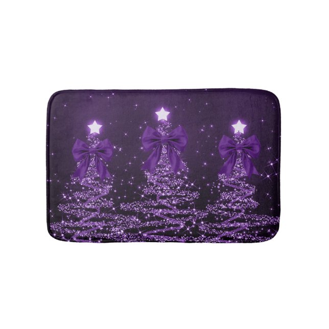 Alfombrilla De Baño Christmas Sparkling Trees Purple Faux Bow  (Anverso)