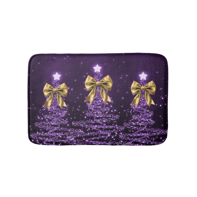 Alfombrilla De Baño Christmas Sparkling Trees Purple Faux Gold Bow  (Anverso)