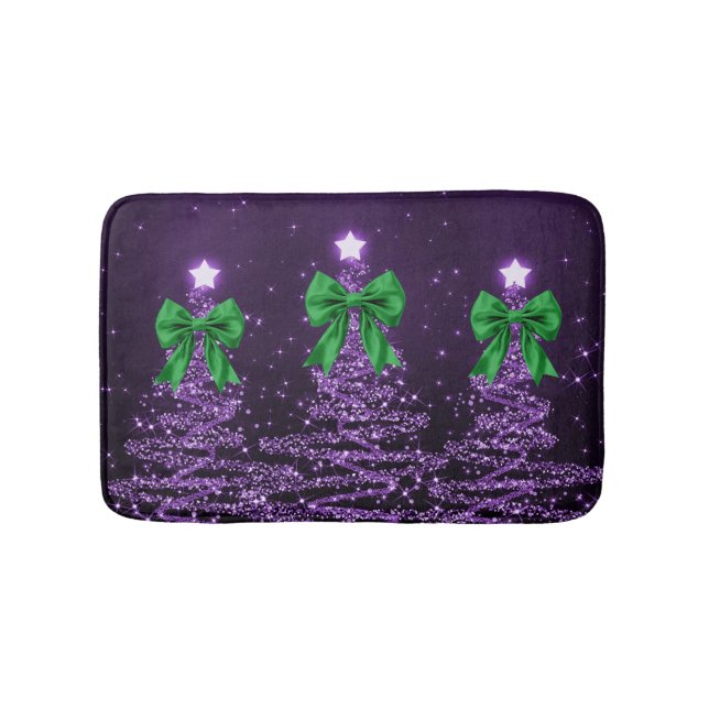 Alfombrilla De Baño Christmas Sparkling Trees Purple Faux Green Bow  (Anverso)
