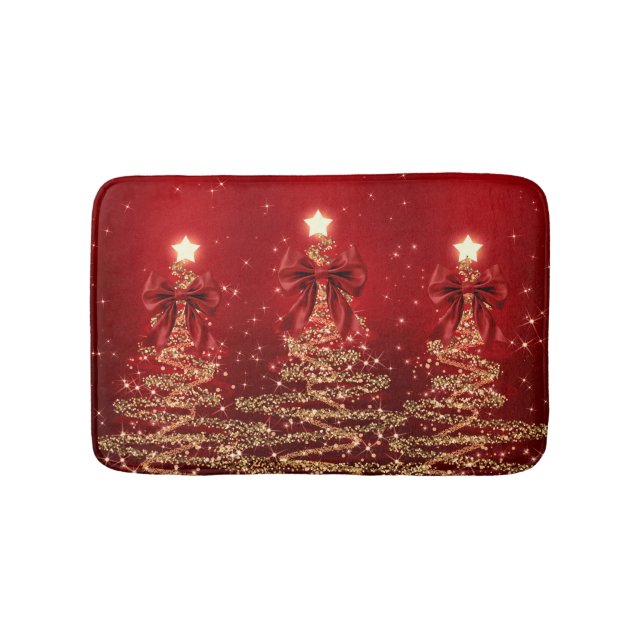 Alfombrilla De Baño Christmas Sparkling Trees Red Gold Faux Bow  (Anverso)