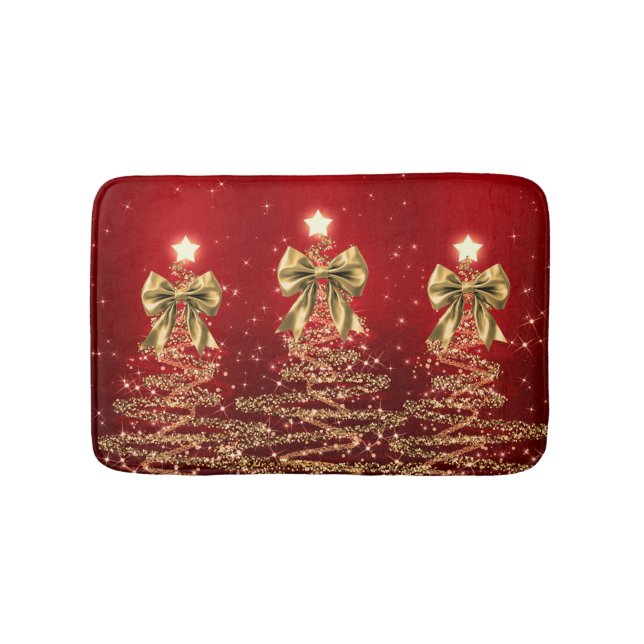 Alfombrilla De Baño Christmas Sparkling Trees Red Gold Faux Bow  (Anverso)