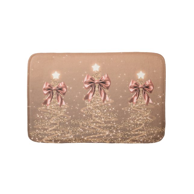 Alfombrilla De Baño Christmas Sparkling Trees Rose Gold Faux Bow  (Anverso)