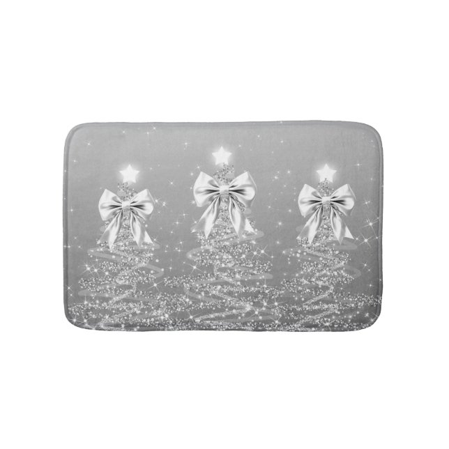 Alfombrilla De Baño Christmas Sparkling Trees Silver Faux Bow  (Anverso)