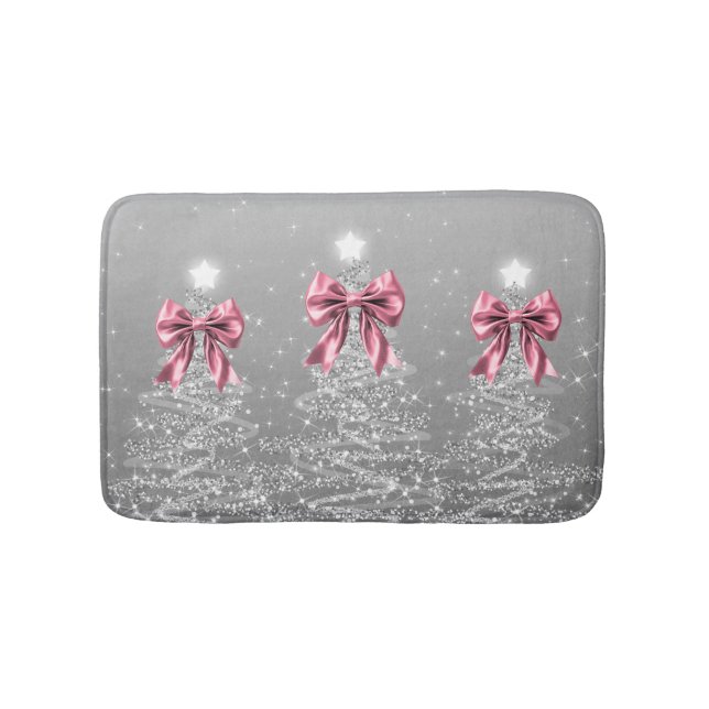 Alfombrilla De Baño Christmas Sparkling Trees Silver Faux Pink Bow  (Anverso)
