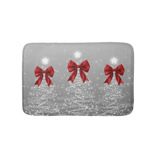Alfombrilla De Baño Christmas Sparkling Trees Silver Faux Red Bow  (Anverso)