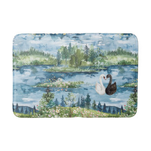 Alfombrilla De Baño Cisnes románticos lago azul
