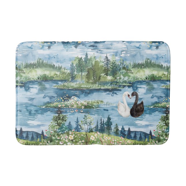 Alfombrilla De Baño Cisnes románticos lago azul   (Anverso)