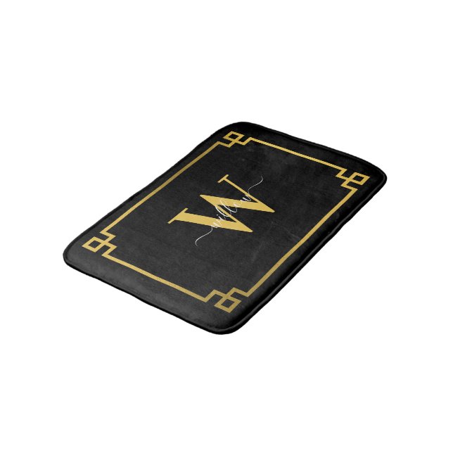 Alfombrilla De Baño Clave griega negra y dorada monogramada (Angular)