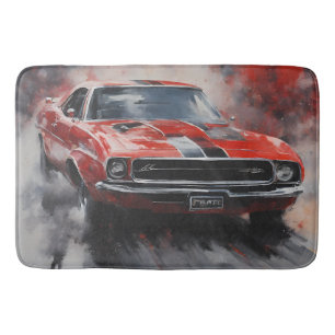 Alfombrilla De Baño Coche de músculo rojo vintage con banda de plata
