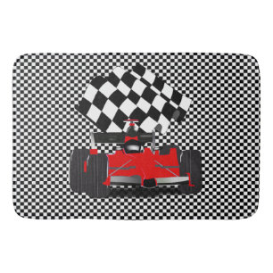 Alfombrilla De Baño Coche de raza roja con bandera verificada
