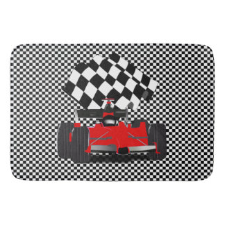Alfombrilla De Baño Coche de raza roja con bandera verificada