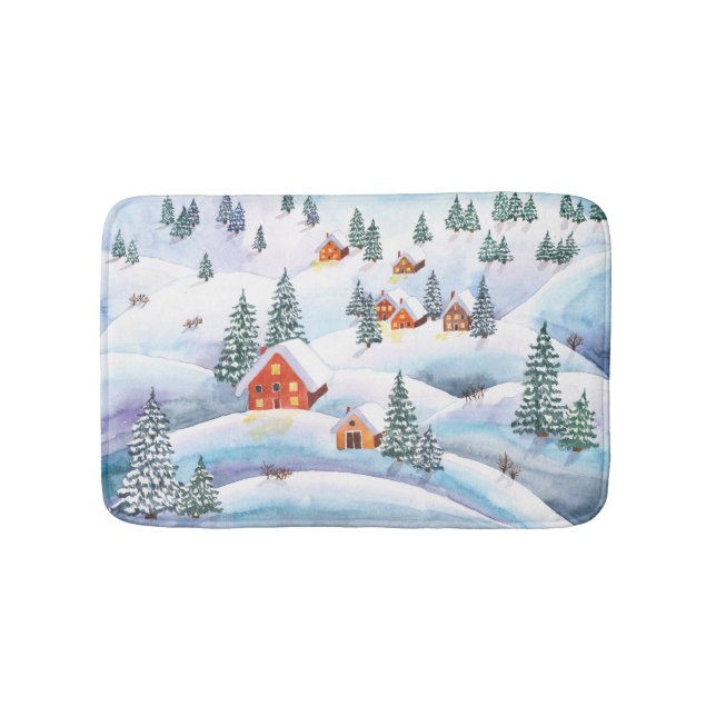 Alfombrilla De Baño Colinas nevadas, casas: paisaje acuático (Anverso)