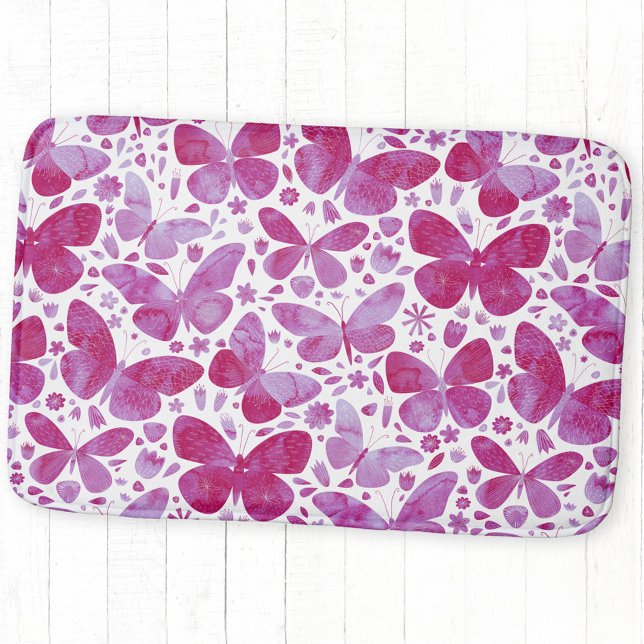 Alfombrilla De Baño Color de agua de mariposa rosa (Magenta pink watercolor butterfly bath mat)