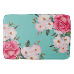 Alfombrilla De Baño Color de agua vibrante rosa Roses blancos turquesa