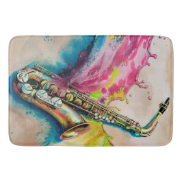 Alfombrilla De Baño Colorida acuarela Saxofón Splash