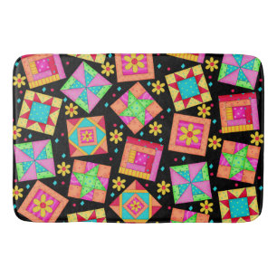 Alfombrilla De Baño Colorido Cuilt Art Parchwork Blocks Black