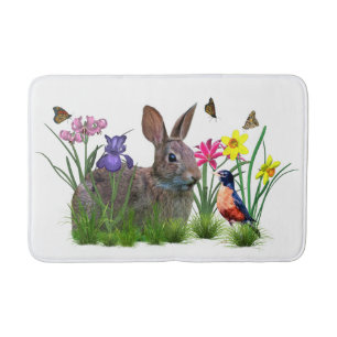 Alfombrilla De Baño Conejo de conejito, petirrojo, y flores,