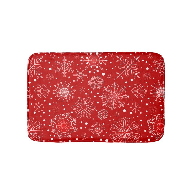 Alfombrilla De Baño Copos de nieve en fondo rojo (Anverso)